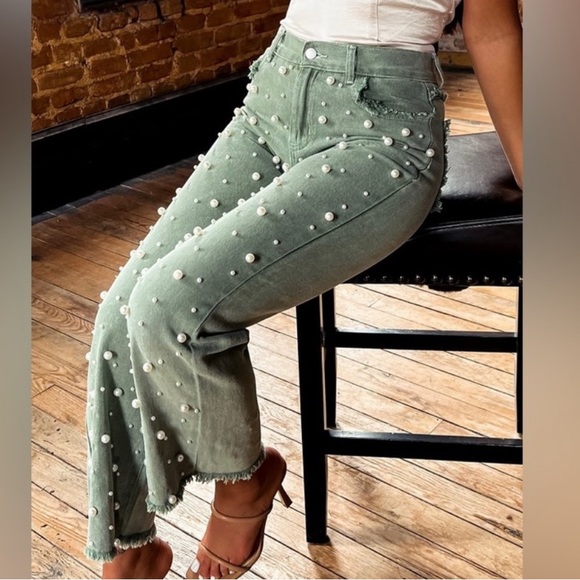 POL Sage Green Straight Leg Pearl Beaded Denim Jeans - Picture 5 of 6